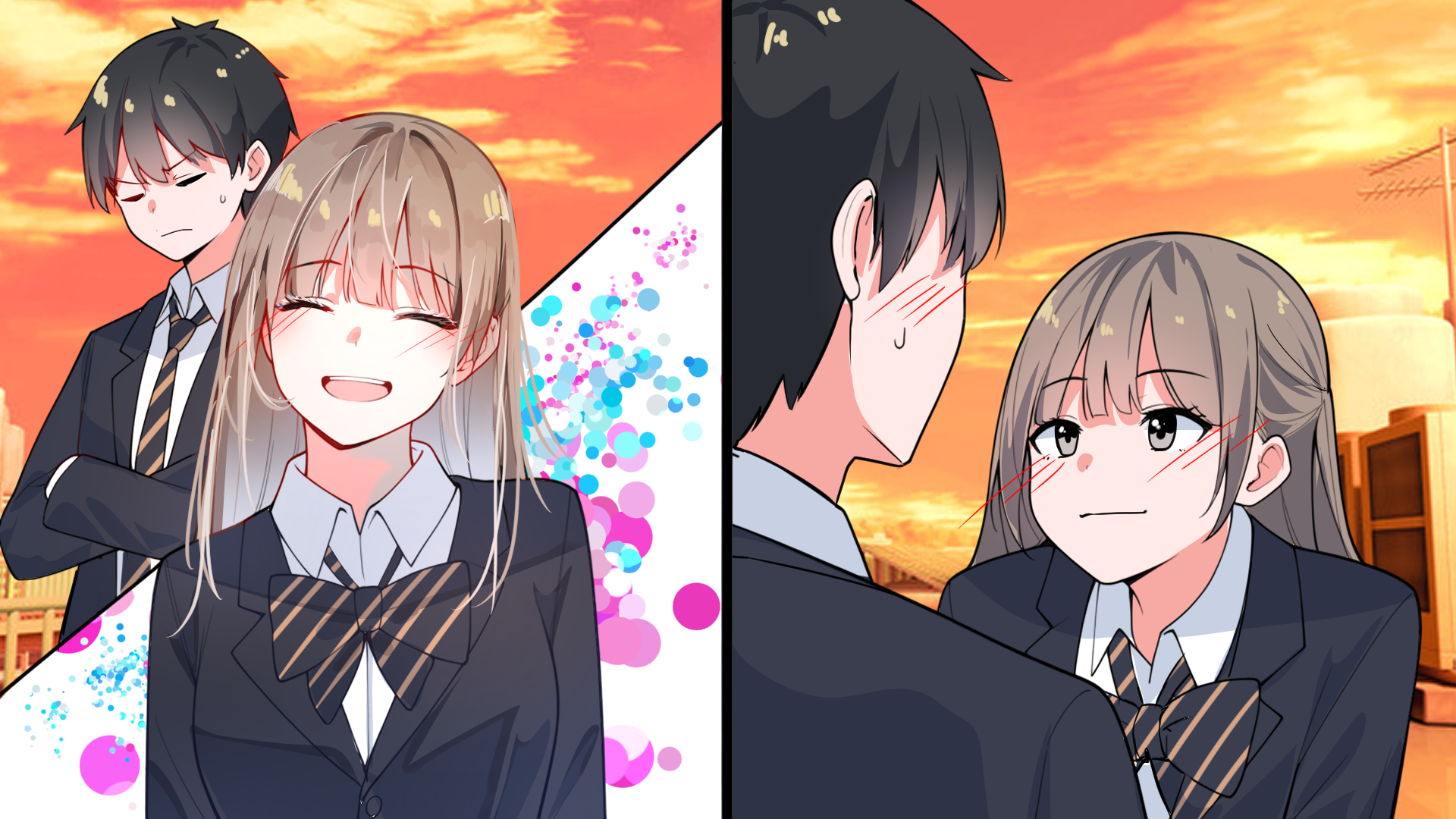 夕焼けの中の男女を描いた漫画制作サンプル